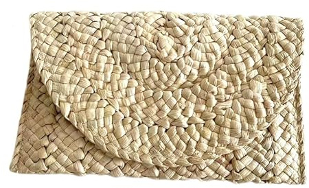 Qurlon Pochette de paja para mujer - Multicolor - Tejida - Pequeño sobre de playa - Pajas - Bolsos de mano para la cocina, beige, 28 x 18 cm