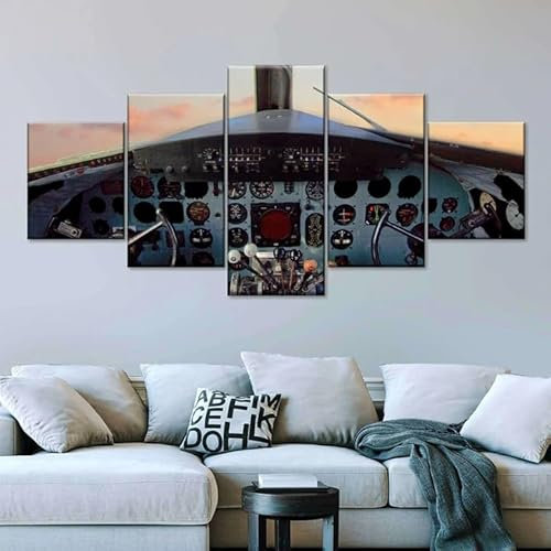 WKXTECZT Leinwand Bilder 5 Teilig Altes Flugzeug Cockpit Wandbilder Wohnzimmer Modern Bilder, Poster, Kunstdrucke Büro Flur Bad Küchebilder -Ungerahmt