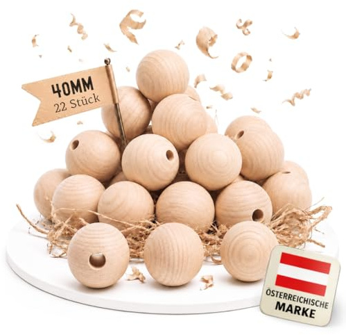 EV® Holzkugeln mit Loch - 22 Stück 40mm Durchmesser - Made in Austria | Große Holzperlen zum Auffädeln mit 8mm Bohrung - Gedrechselt aus Hochwertigem Buchenholz, ideal für Basteln, DIY & Deko