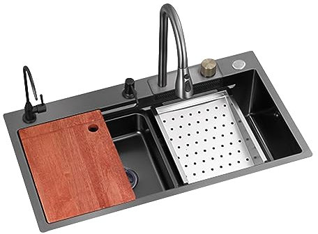 Schwarzes Einbauspülbecken mit Wasserfall-Design und Wasserhahn-Kombination, Glaswaschbecken, Unterbauspüle für die Küche im Landhausstil, Einzelbecken, Mehrzweckspüle, für gewerbliche und Heimwerker