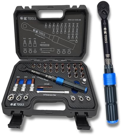 AC Tools Llave Dinamométrica 1/4 2-24 Nm para bicicletas, motocicletas y vehiculos a motor, con certificado de precisión, reversible. Maletín completo con 32 piezas.