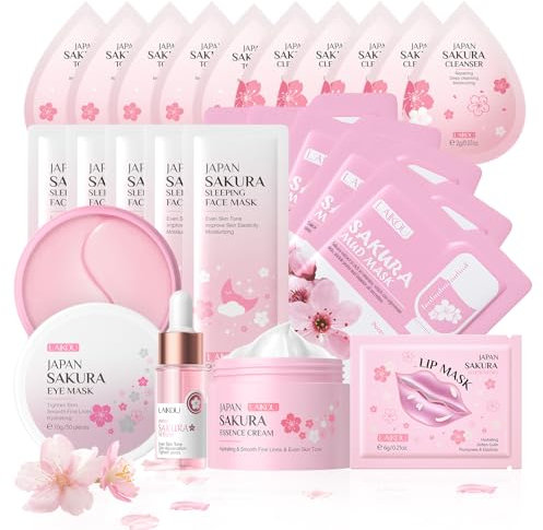LAIKOU Skin Care for Teenage Girls, Sakura Skincare Set, Pamper Sets for Women Gifts, Facial Skin Care Sets & Kits - Toner,Cleanser,Face Serum,Cream,Sleep Mask,Eye Mask,Mud Mask,Lip Mask, 24PCS