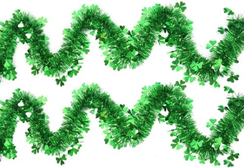 St. Patricks Day Lametta-Girlande für Baum, 2 Stück/4 m, Kleeblattgrünes Lametta, St. Patrick's Day-Dekorationen, irisches Metallic-Lametta für Innen- und Außenbereich, Wand, Tür, Fenster, irisches