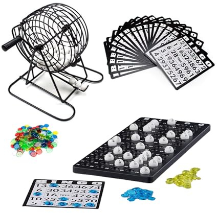 Bingo Gioco. Classico Bingo Metallico per Bambini e Adulti. Divertimento con Amici e Familiari alle Feste, ai Compleanni,ai Regali di Natale.Include 18 Carte,75 Palline,Tamburo e Fiches.2-8 Giocatori.