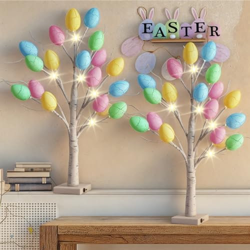 22'' Easter Eggs Tree with LED Lights Decorations Home for Kids and Adults, Easter Eggs White Twig Tree with Timer, Egg Holder, Happy Easter Party Decoration & Gift (Set of 2 (Warm White LED))