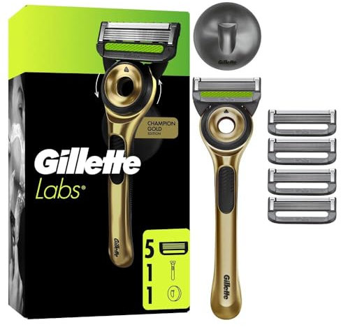 Gillette Labs Rasierer für Männer mit Reinigungs-Element, Herren Nassrasierer Champion Gold Edition — Inkl. 1 Handstück, 1 Ersatzklingen, und Wandhalterung für einfache Lagerung im Badezimmer