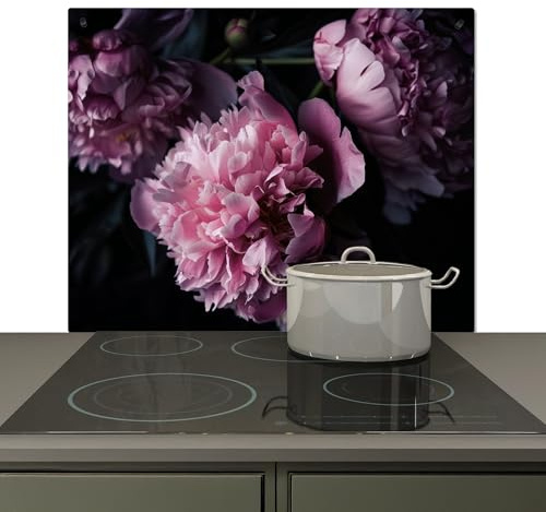 KitchenYeah© Spritzschutz Herd Küchenrückwand Vinyl Kuchendeko Kitchen Wall | 60x52 cm - Protector, Kochfeld Abdeckung Blumen - Rosa - Pfingstrosen - Schwarz