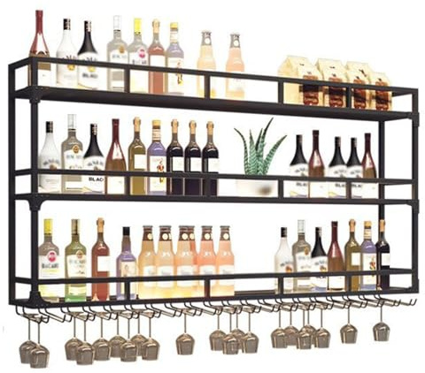 Väggmonterad vinhylla med LED-glashållare, 3-vånings spritflaskor Hyllor Display Förvaringsorganisator, Hängande långa stålplåtsbägare Metall för hem Minibarkällare,Black-150x90cm
