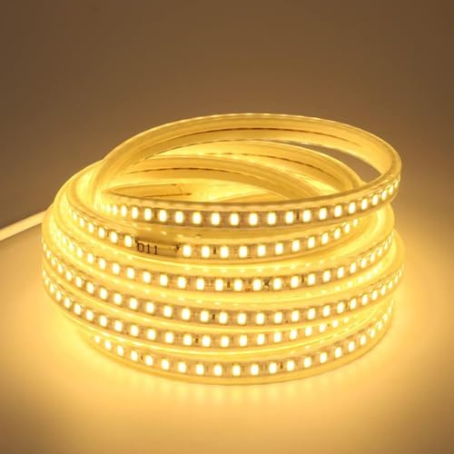 pcningled 3M LED Strip AC 230V 5730 SMD Lights IP67 Waterproof Warm White, 230 Volts 120 LEDs/M Flexible LED Strips Lighting 3000K Cuttable at 1m Intervals (Warm White, 3M)