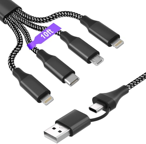 4-in-2 Multi-USB-Ladekabel 3M/10FT Universal Schnellladekabel [Apple MFi-zertifiziert],USB A/C auf 2×Lightning/Type-C/Micro-USB,kompatibel mit iPhone/Android (Type-C nicht für iPad&iPhone 15/16/17)