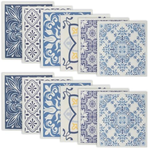 PEIZHIYC 12 PCS Schwedische Geschirrtücher 20x18cm Biologisch Abbaubar Spültücher Küche Putzlappen Holzfaser Wiederverwendbare Spüllappen Waschbar Schwammtücher für Küche (12 PCS, Retro-Muster)