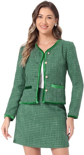 Allegra K Completo da Donna in 2 Pezzi Giacca Blazer Corta in Tweed Scozzese e Gonna Verde S