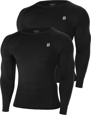 Runhit 2 Pack Men's Compression Long Sleeve Shirt, UPF 50+ Rash Guard Skins Performance Mens Muscle Fit Baselayer for Gym Workout Basketball Fishing All Black M