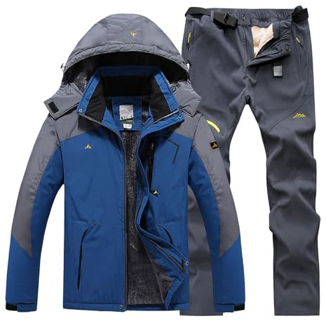 Skianzug Herren 2 Teilig Set Schneeanzug Zweiteilig Skijacke Winddicht Atmungsaktiv Skihose Set Schneehose Schneejacke Mit Abnehmbare Kapuzen Zum Skifahren Snowboarde Ski-Anzug Skisuit Schnee-Jumpsuit
