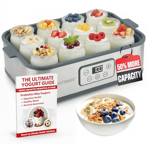 Ultimate Probiotic Yogurt Maker XL, Adjustable Time & Temperature Control, 50% More Capacity with 12 x 6oz Yogurt Jars, Make Trillions of Probiotics for Gut Health, ULTIMATE LIFETIME WARRANTY