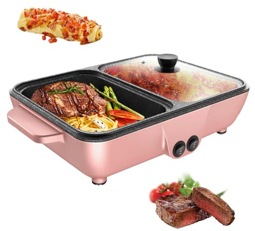 RVUEM Combo 2 en 1 de Olla Eléctrica y Parrilla – Control Dual de Temperatura, Antiadherente, Calentamiento Rápido – Aparato de Cocina de Interior 1200W para Barbacoa, Filetes, Fideos y Más