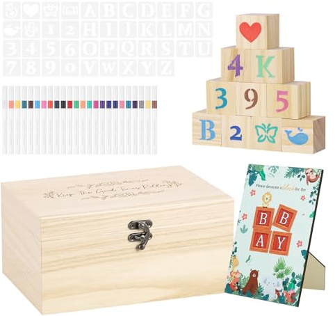 Hahorpa 120 Stück Babyparty Spiele Set, Baby Party Spiele Babyparty mit 52 Holzklötze, Lustige Bauklötze Bemalen Babyparty, Babyparty Bastelset, Baby Shower Spiele für Babyshowerparty Junge Mädchen