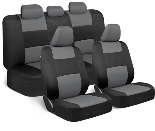 BDK PolyPro Car Seat Covers Full Set in Gray on Black, Front and Rear Split Bench Seat Covers for Cars, Easy to Install Car Seats Cover Set and Accessories for Auto Trucks Van SUV - Gray
