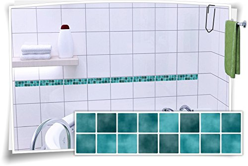 Medianlux Fliesenaufkleber Fliesenbordüre Bordüre Mosaik Türkis Kachel Aufkleber FB1, 12 Stück, 15x3,9cm (BxH)
