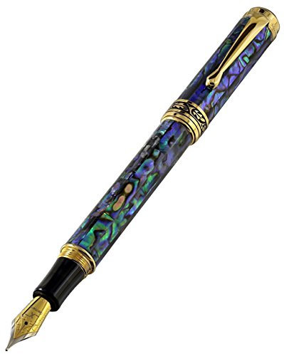 Xezo Maestro Fountain Pen, Medium Nib. Natural Paua Abalone Sea Shell with 18 Karat Gold Plating. Handcrafted, Serialized, No Two Alike
