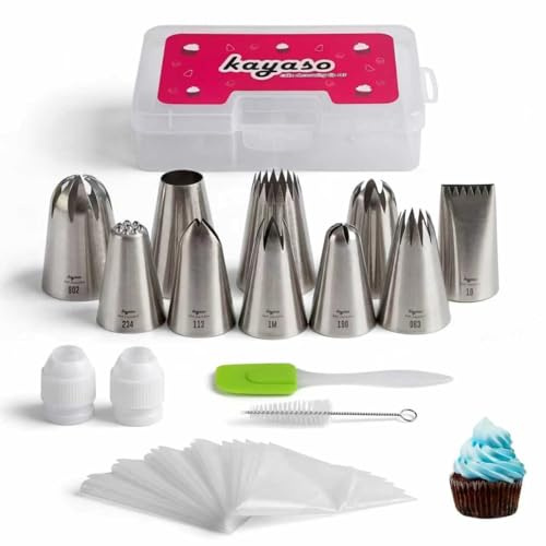 kayaso Spritztüllen für Kuchen, 10 x große Spritztüllen aus Edelstahl plus 20 Einweg-Spritzbeutel Insektensterilisation, 1