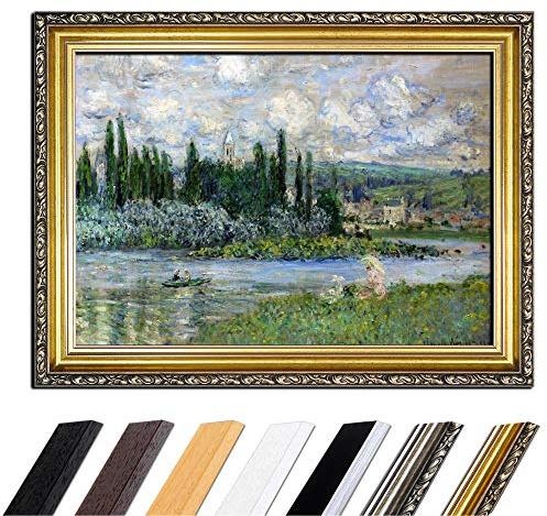 Bilderdepot24 Bild mit Rahmen - Claude Monet Ansicht von Vétheuil sur Seine 50x40 cm - Gerahmtes Leinwandbild Alte Meister - Antiker Rahmen Gold Barock, Klassisch