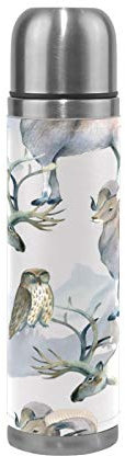 Linomo Thermosflasche Jahrgang Hirsch Eule Vieh Edelstahl Wasserflasche,Isoliert Auslaufsicher, Doppelwandig Vakuumflasche für Sport Reise Camping Büro 500 ml