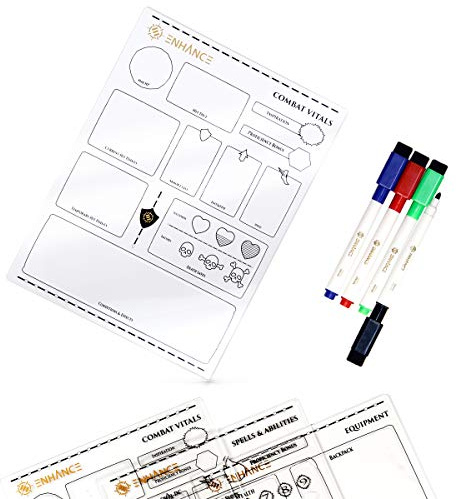 ENHANCE Tabletop Acrylic Character Sheet Set - Reusable 5e Dungeons and Dragons Character Sheets (Combat, Spell, Equipment) for All DnD 5e Classes - Includes 3 Sheets, Dry Erase Markers, Travel Pouch