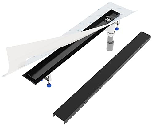 Aquabad Duschrinne SDS Schwarz Matt aus Edelstahl, Länge 70 cm, senkrechter Abgang Seite, Komplett Set mit Blende: Bord, Siphon und Haarsieb