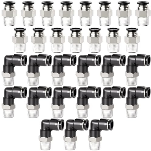 TAILONZ PNEUMATIC Elbow and Straight Combination 1/4 Inch Tube OD x 1/8 Inch NPT Thread Push to Connect Fittings PC-1/4-N1+PL-1/4-N1(Pack of 30)