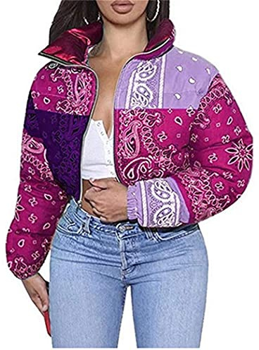FeMereina Damen Süß Stehkragen Kurz Puffer Jacken Paisley Gesteppt Bandana Gedruckt Puffer Crop Zip Up Bubble Coat, violett, 38