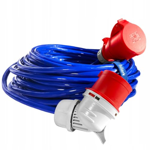 Hilark - Prolunga elettrica H07BQ-F 5G2,5 mm (5 x 2,5 mm²), spina angolare, 400V 16A IP44, colore blu, cavo di prolunga per cantiere, industrie, esterni (50 metri, Blu)