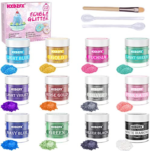 Essbares Glitzer Set - 12 Farben Glitzerpulver für Getränke, Geschmacksneutrales Lebensmittelfarbe Pulver, Glitzerpuder für Schokolade, Kuchen, Fondant, Drinks, Flüssigkeiten- 3g