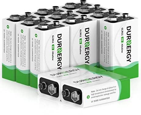 DURNERGY 9V Batteries 12 Pack, 10-Year Shelf Life, 9v Battery for Smoke Detector, 9 Volt Power Supply for Guitar Pedals, Square Batteries 9V Alkaline Batteries