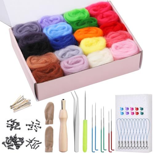Nadelfilz-Set, 20 Farben Filzwolle Set mit Filzwolle Werkzeug | Nadelfilz Starter Kit mit Filznadeln Grundwerkzeugen für Nassfilzen und Trockenfilzen DIY Filz Tier Handwerk