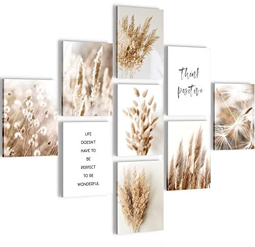 Novart Wandbilder Boho - KOMPLETT AUFHÄNGFERTIG - Pampas Beige Wohnzimmer Schlafzimmer- 9 Moderne Bilder Set - N026691a
