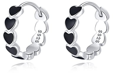 SLUYNZ 925 Sterling Silber Herz Creolen Ohrringe für Damen - Schwarz, 1,5 CM (A-Silber)