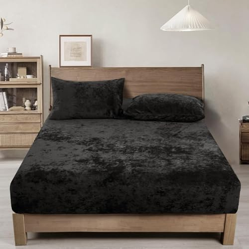 PHF Truly Velvet Fitted Sheet Only Full Size, Luxury Super Soft Cozy Fuzzy Fleece Bottom Sheet, Deep Pocket Up to 16,Strenghth Elastic Band, Suitable for Fall Winter Spring, No Pillowcases, Black