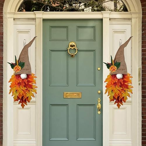 Uotory Autumn Maple Gnome Front Door Hanger Wooden Door Panels Holiday Decoration Thanksgiving Wreath Decoration Autumn Gonk Gnomes for Fall Harvest Festival (2 PCS)