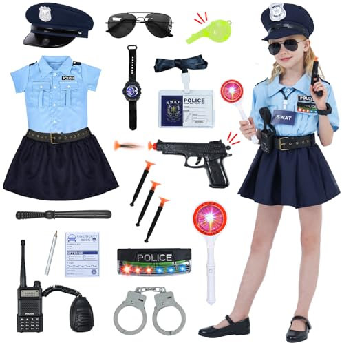 FORMIZON Polizistin Kostüm Mädchen, Karneval Set, Kinder Uniform, Cop Kinderkostüm Mit Polizeihut, Warnlichter, Spielzeug für Fasching Cosplay (M)