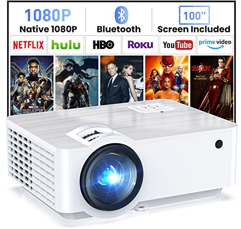 HOPVISION Proiettore, Nativo 1080P 4K Mini Proiettore 9500 Lumens Multimedia Home Cinema Bluetooth 5.1 con schermo da 100 compatibile con HDMI, USB, AV, Smartphone, Computer portatile