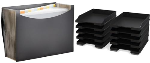 Amazon Basics Dokumentenmappe A4 & Detectalia Dokumentenablagen Schwarz A4 - Stapelbarer Schreibtisch-Organisator - Kunststoff-Büroablage - Papierhalter - Postkörbe - 35x25x5,2 cm
