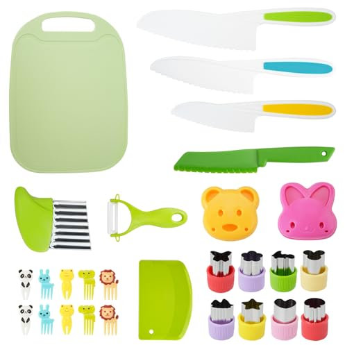 29PCS Kids Kitchen Knife Set for Chopping, Children's Safe Cooking Knives, Mini Chef Toddler Cutting Knife Sets with Wooden Plastic Knives Cutting Board Peeler Forks Moulds Cutters Crinkle Slicer