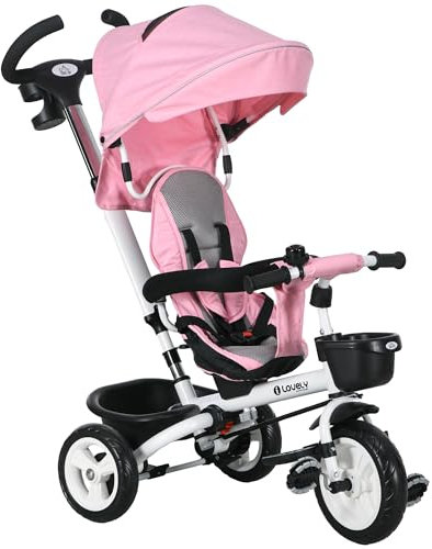 HOMCOM Dreirad 6 in 1 mit Schubstange für 1-5 Jahre Kinder bis 25kg, Kinderdreirad mit Vorwärts und Rückwärtsfahrt, Korb Getränkehalter, Faltbar Abnehmbar Sonnendach, Rosa