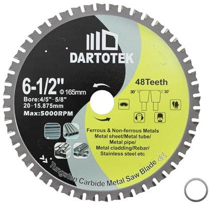 Lame per sega TCT da 165mm, disco da taglio per metallo a 48 denti sega circolare con punta in carburo di tungsteno per ferro, acciaio inox, nichel, titanio, metalli ferrosi e tubi in acciaio