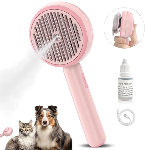 Katzenbürste mit Dampf, 3-in-1 Dampfbürste Katze, Bürste Katze mit Selbstreinigend Einem Knopf mit Wassertank und Spray, Anti Statische Elektrizität und Verknoten Steamy Brush für Katzen Hunde, Rosa