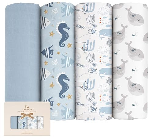 Yoofoss Copertina Neonato in Mussola 4 Pack Coperte Mussola per Neonato Odori Resistenti Anti Batteri 120x120 cm Cotone Fibra Bambù Asciugamani Bambini Copertine Morbide