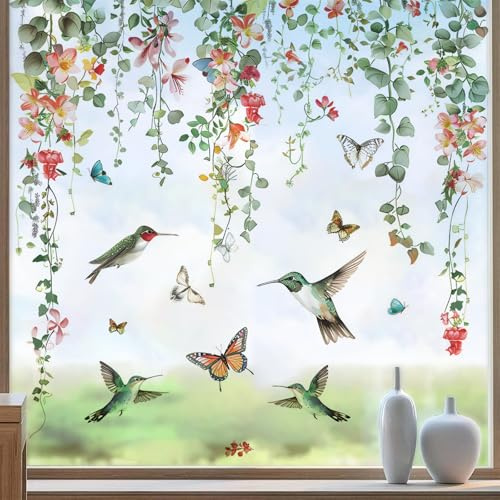 Autocollants Fenêtre Feuilles Verts Plantes Été Anti-Collision Stickers,Autocollants décoratifs de fenêtre-Suncatcher Sticker avec 2 feuilles de 30 * 60cm de plantes vertes et fleurs