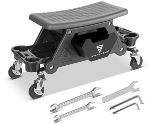 STAHLWERK Werkstatthocker WRS-185 mit 185 kg Tragkraft Werkstattsitz | Werkstattstuhl | Rollhocker | Werkstattrollsitz mit Schublade, Ablagefächern, Leichtlauf-Lenkrollen und Dosenhalter
