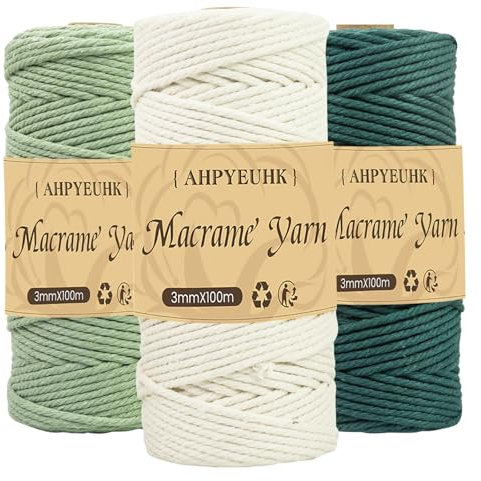 3 Stück Makramee Garn 3mm x 100m Baumwollgarn Baumwollschnur DIY Handwerk Baumwollkordel Natur für Hängepflanze Pflanze Aufhänger,Boho Deko,Traumfänger (Dunkelgrün Beige Hellgrün)
